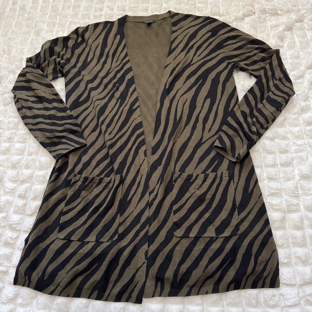 Talbots Small Green‎ & Black Zebra Print Open Front Cardigan Linen Lightweight